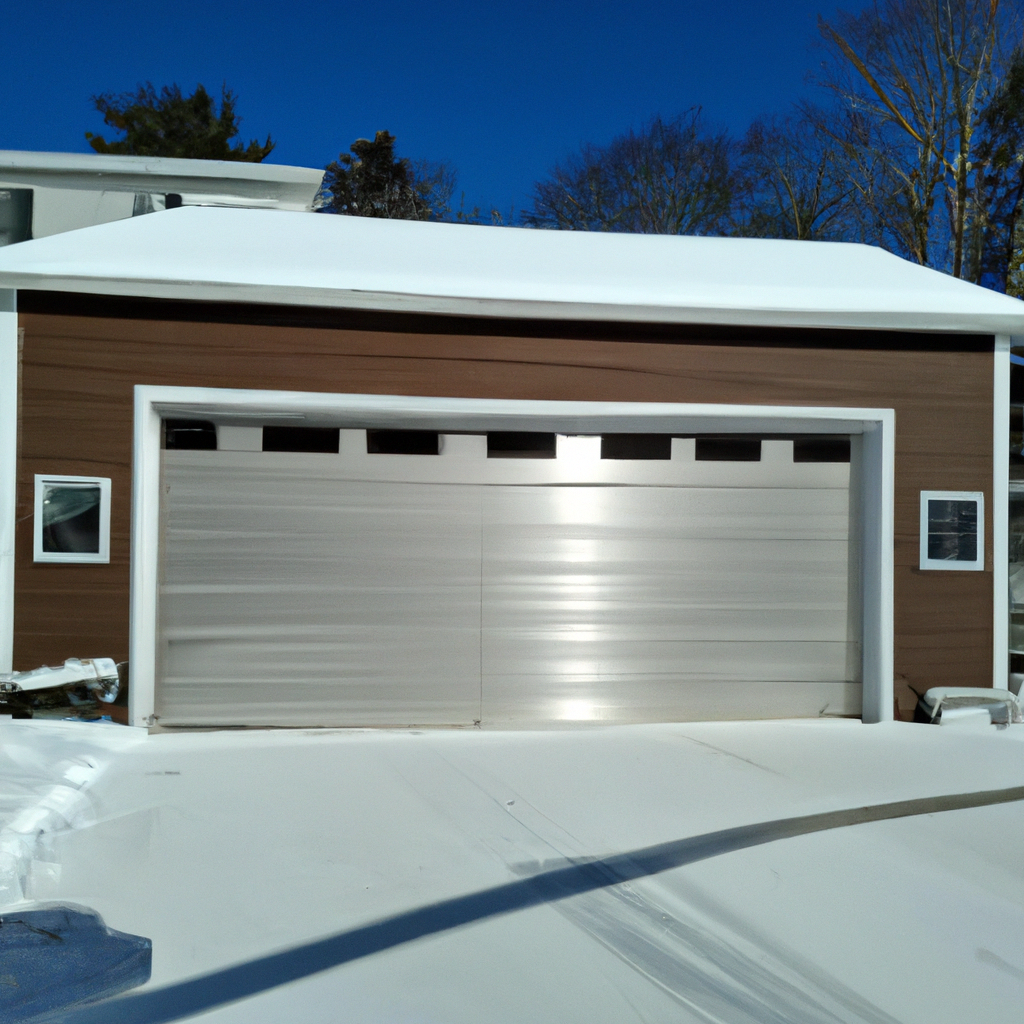Insulated steel garage door on a snow-covered driveway in Medfield, Massachusetts