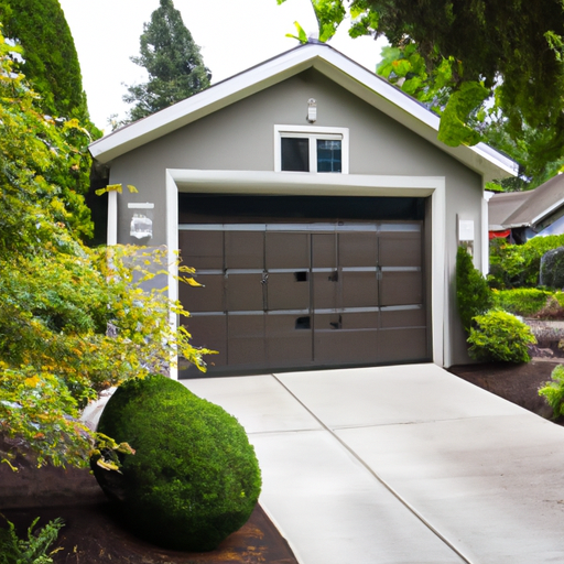 South Hill suburban home with a modern sectional garage door partially open and Pacific Northwest landscaping.