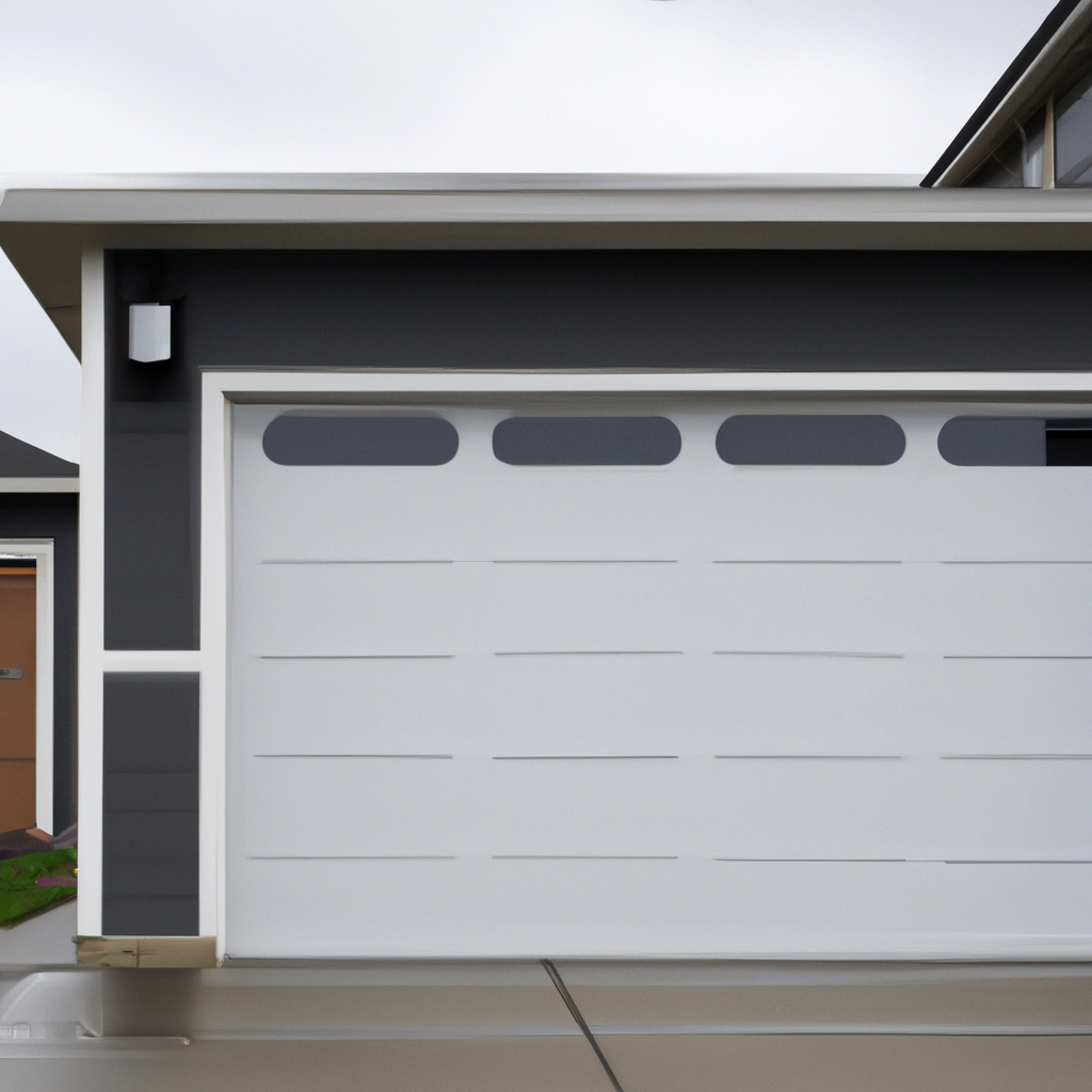 Garage door with visible safety sensors on a suburban South Hill, WA driveway under cloudy sky