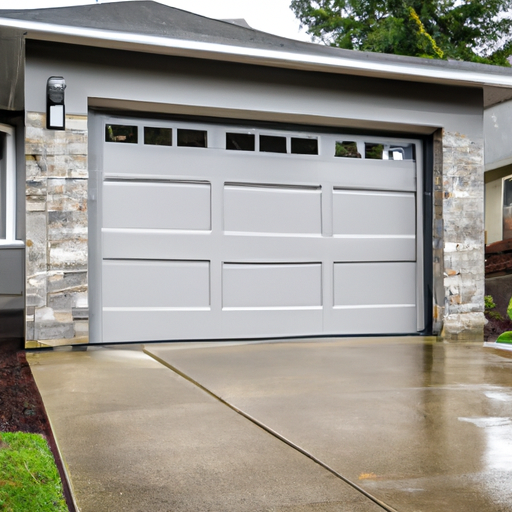Residential garage door in South Hill, WA after rain showing the door bottom seal and threshold.