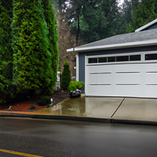 South Hill home with modern steel garage door on an overcast morning, wet pavement and evergreen landscaping visible.