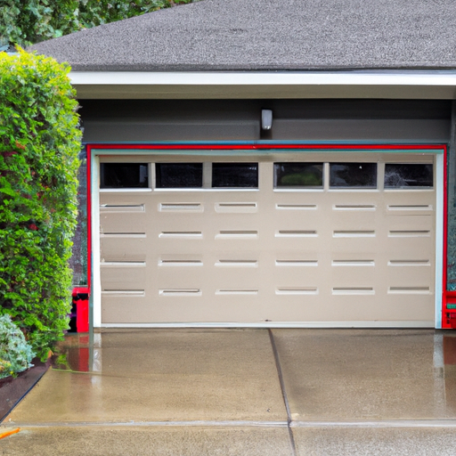 Residential garage door with visible threshold and wet pavement in a South Hill, WA neighborhood on an overcast day