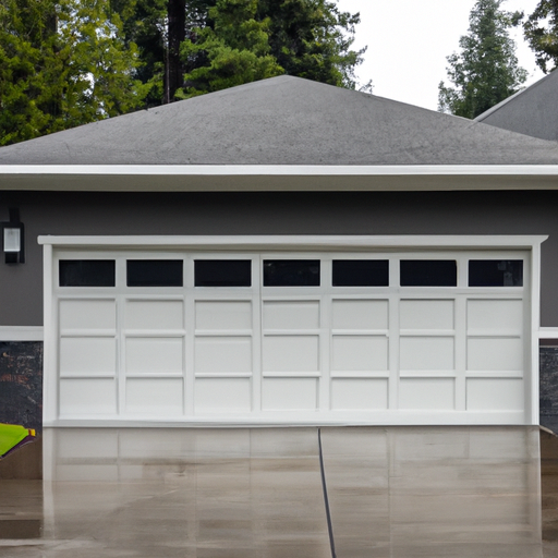 Contemporary closed garage door on a suburban South Hill, WA house with wet driveway and evergreen background.