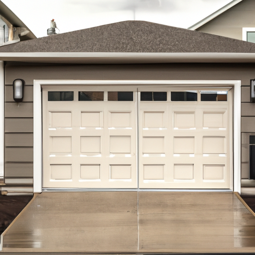 Residential garage door on a South Hill, WA house with driveway and overcast sky, modern paneled style.