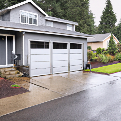 Residential garage in South Hill, WA with a steel sectional door partially open on an overcast day.