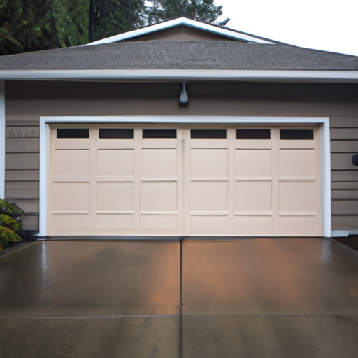 Residential garage door closed on a wet overcast day in South Hill, WA, showing panels and weatherproofing details.