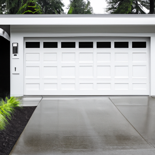 Modern white sectional garage door on a suburban South Hill driveway with wet pavement and Northwest landscaping.