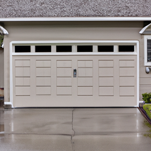 Exterior of a suburban South Hill home showing a closed garage door and wet pavement in overcast light.