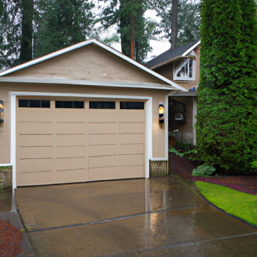 Suburban South Hill home with a closed insulated sectional garage door on a wet driveway, showing door panels and seals.