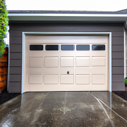 Modern residential garage door in South Hill, WA neighborhood on an overcast day with wet driveway visible.
