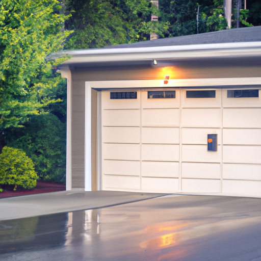 Suburban garage door with visible smart keypad and opener hardware at golden hour in South Hill, WA.