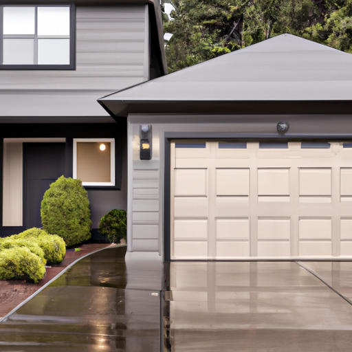 Modern sectional garage door on a South Hill, WA home at dusk with wet driveway and native landscaping.