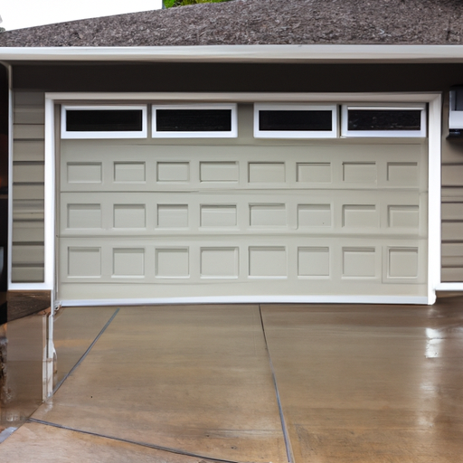 Suburban South Hill garage with a modern insulated sectional door and visible weather seals on a cloudy day.