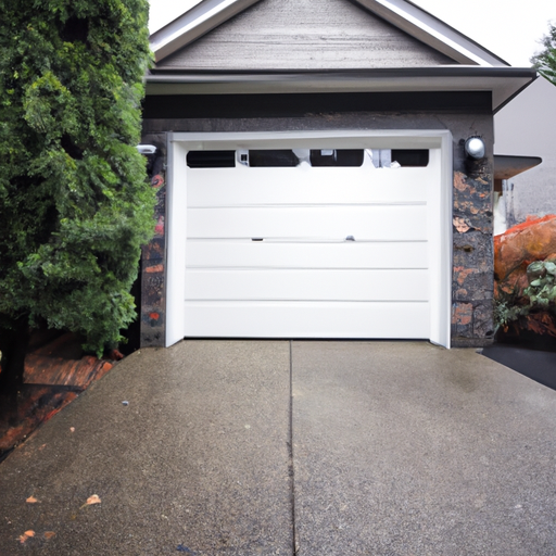 Modern insulated garage door on a suburban South Hill driveway with overcast sky and evergreen background.