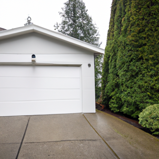 Suburban South Hill home exterior with a closed white garage door, wet driveway and evergreen backdrop in overcast light.