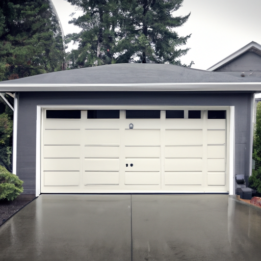 Modern insulated garage door closed on a wet driveway in a South Hill residential neighborhood with evergreen backdrop.