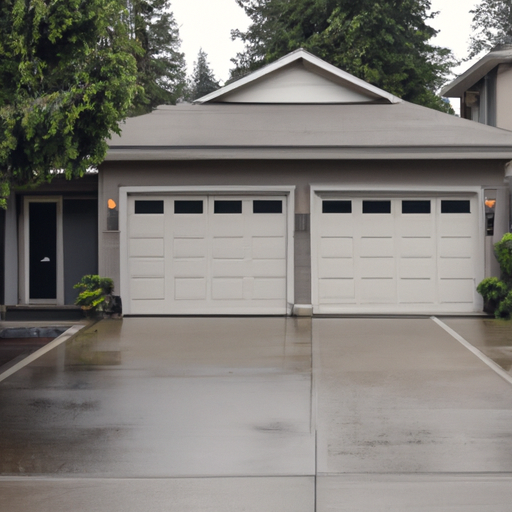 Residential garage door partially open on a wet driveway in South Hill, WA with evergreens in the background.