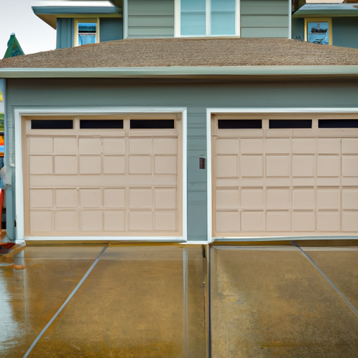 Suburban South Hill garage door on a two-car house with wet driveway and visible door panels and hardware.