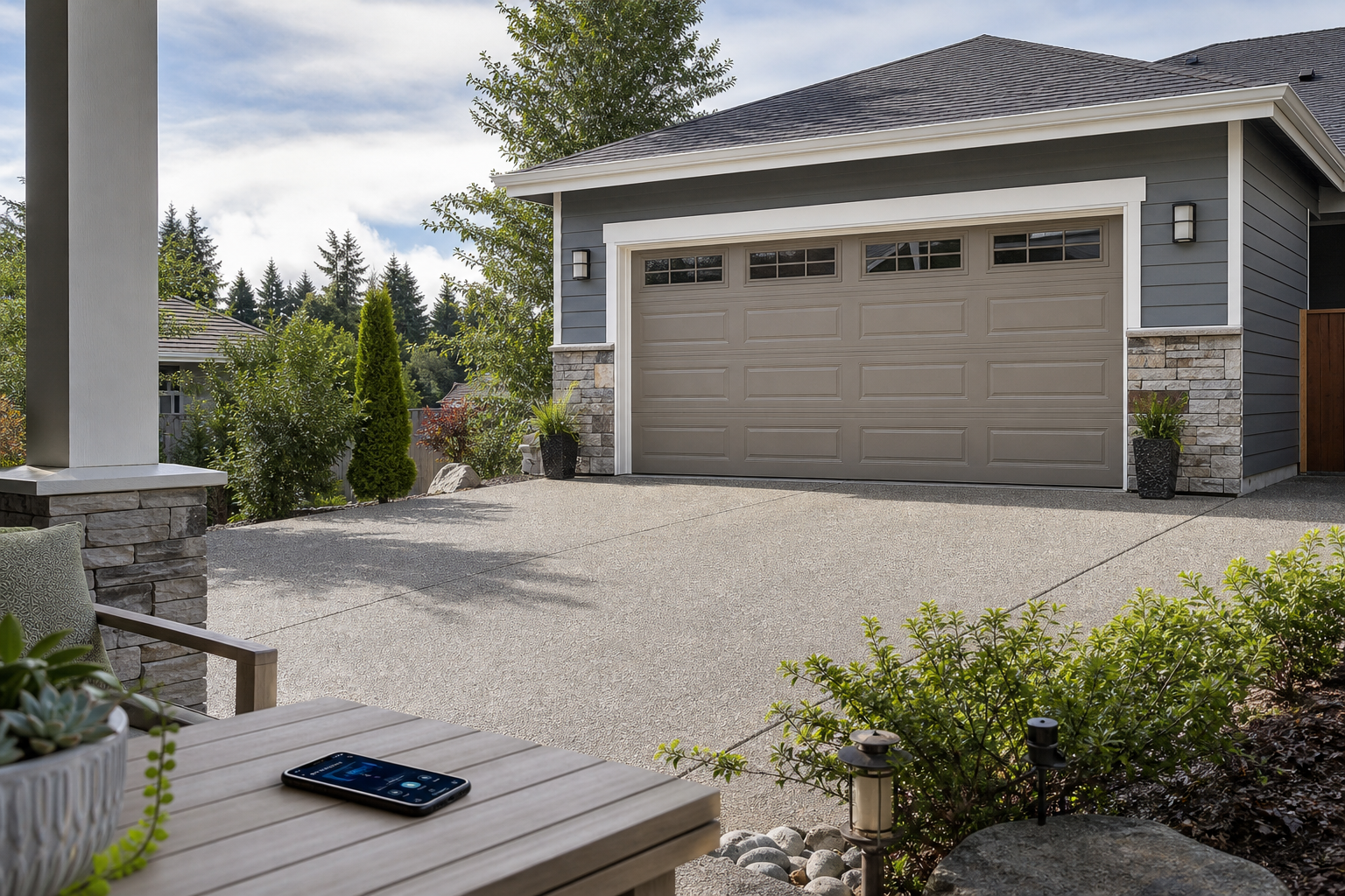 Suburban South Hill garage door with a modern home exterior in daylight